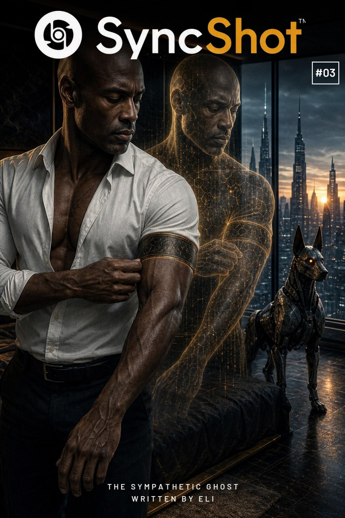 Cover of SyncShot Comics #03, The Sympathetic Ghost, Eli beside a golden data-ghost of himself and a robotic dog