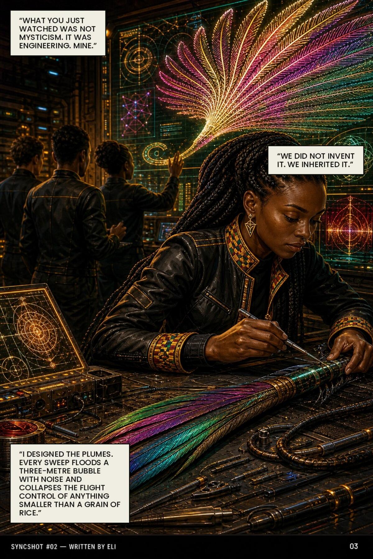 T works on a rainbow fractal plume in a lab of glowing schematics