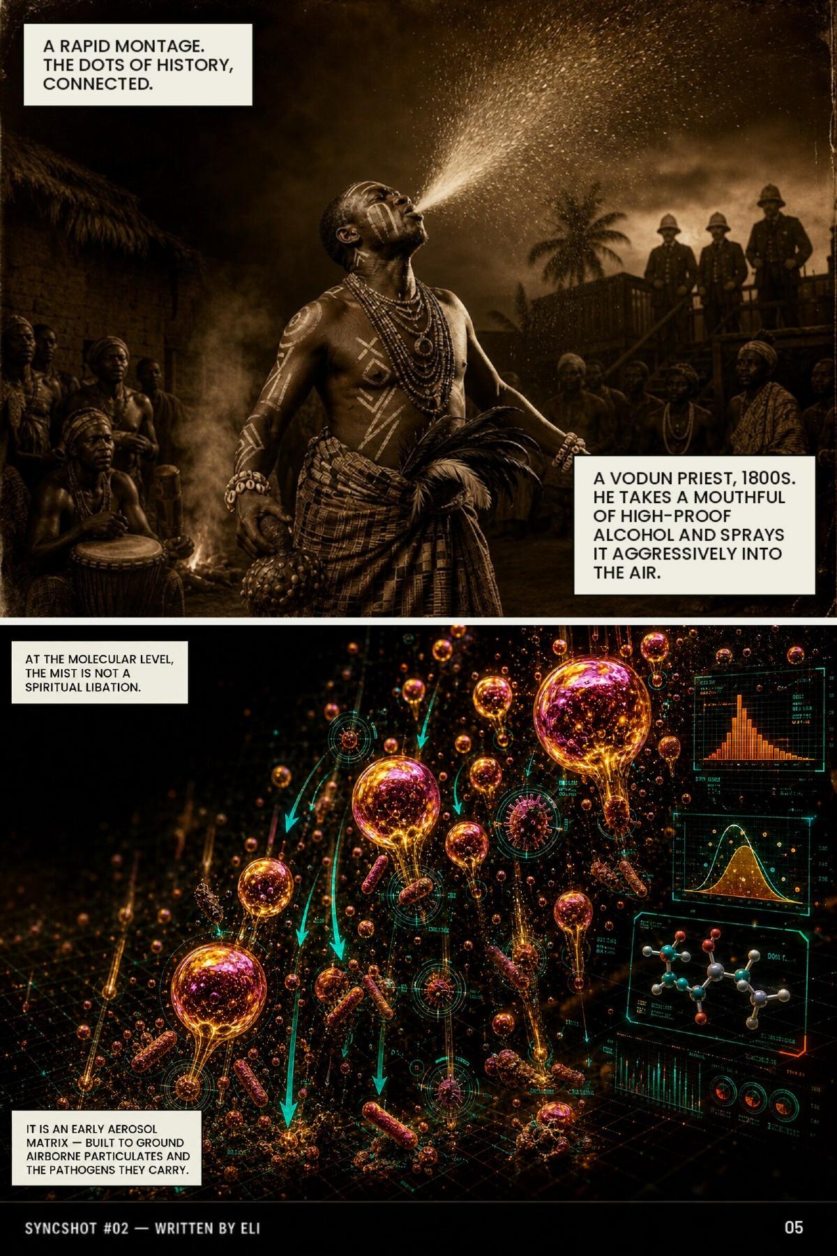 A Vodun priest in the 1800s sprays high-proof alcohol into the air; molecular overlay reveals an aerosol matrix