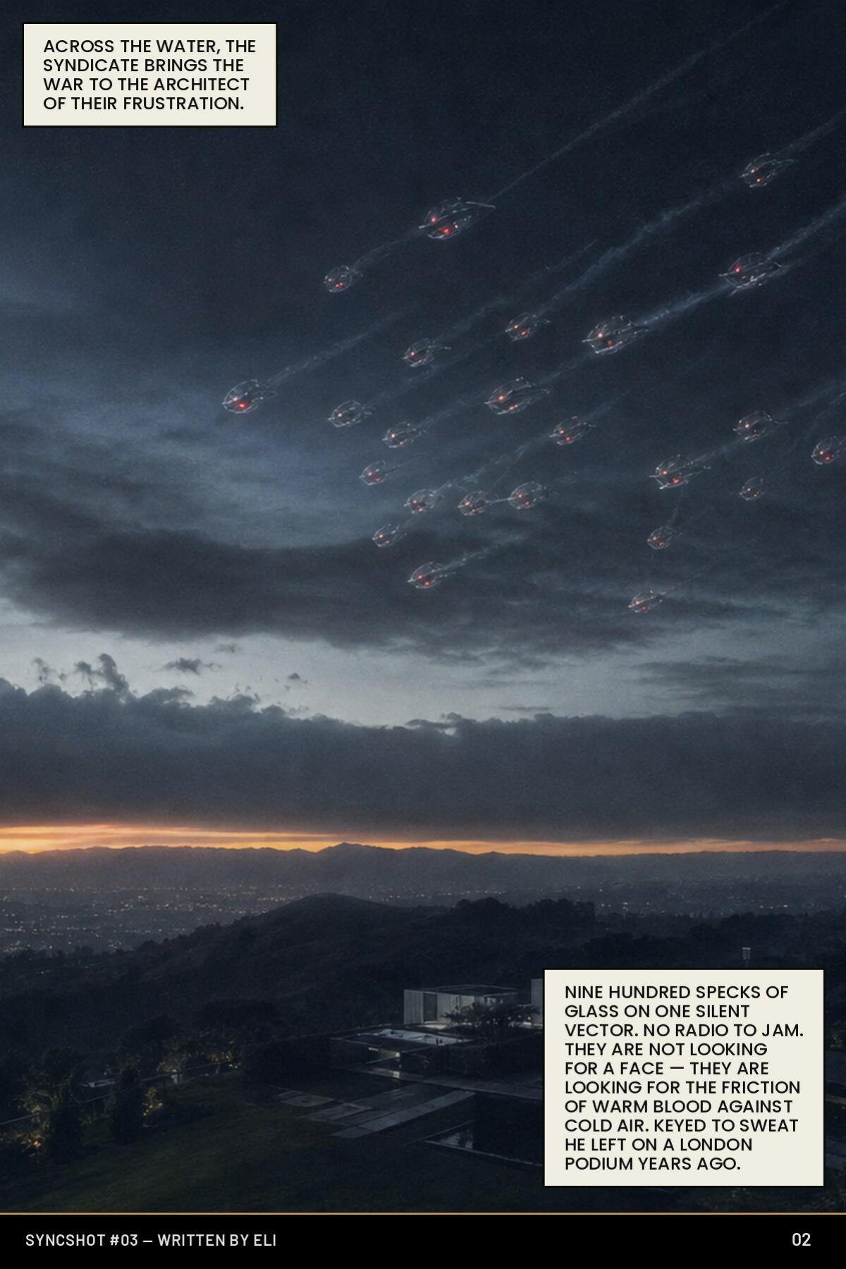Nine hundred glass nano-drones crossing a dark sky towards a hillside house