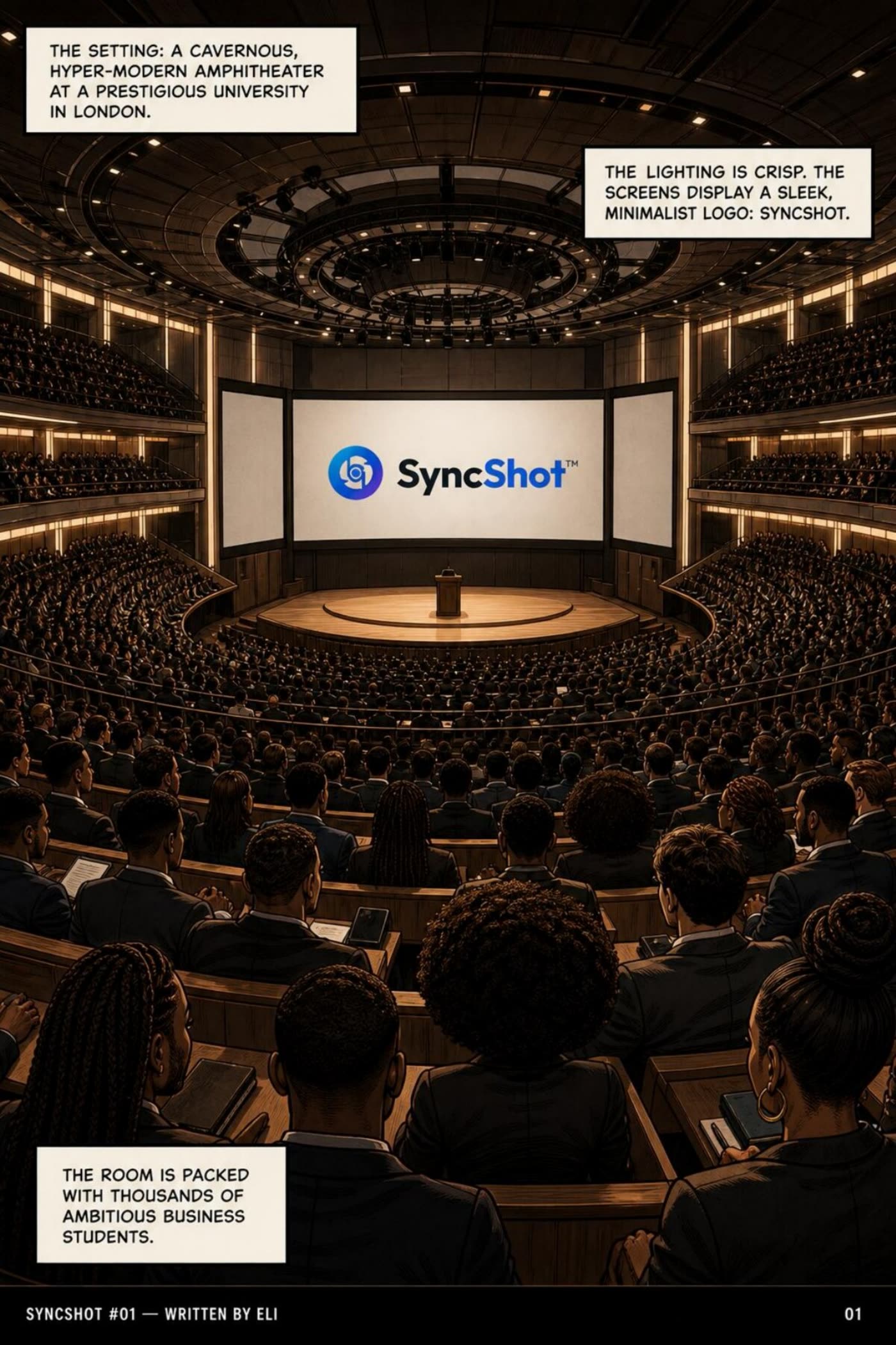 A packed, hyper-modern amphitheatre at a prestigious London university, screens showing the SyncShot logo