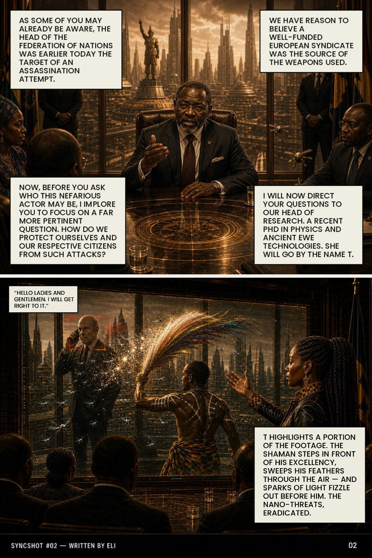 The head of the Federation of Nations addresses the summit; researcher T replays footage of the shaman's sweep