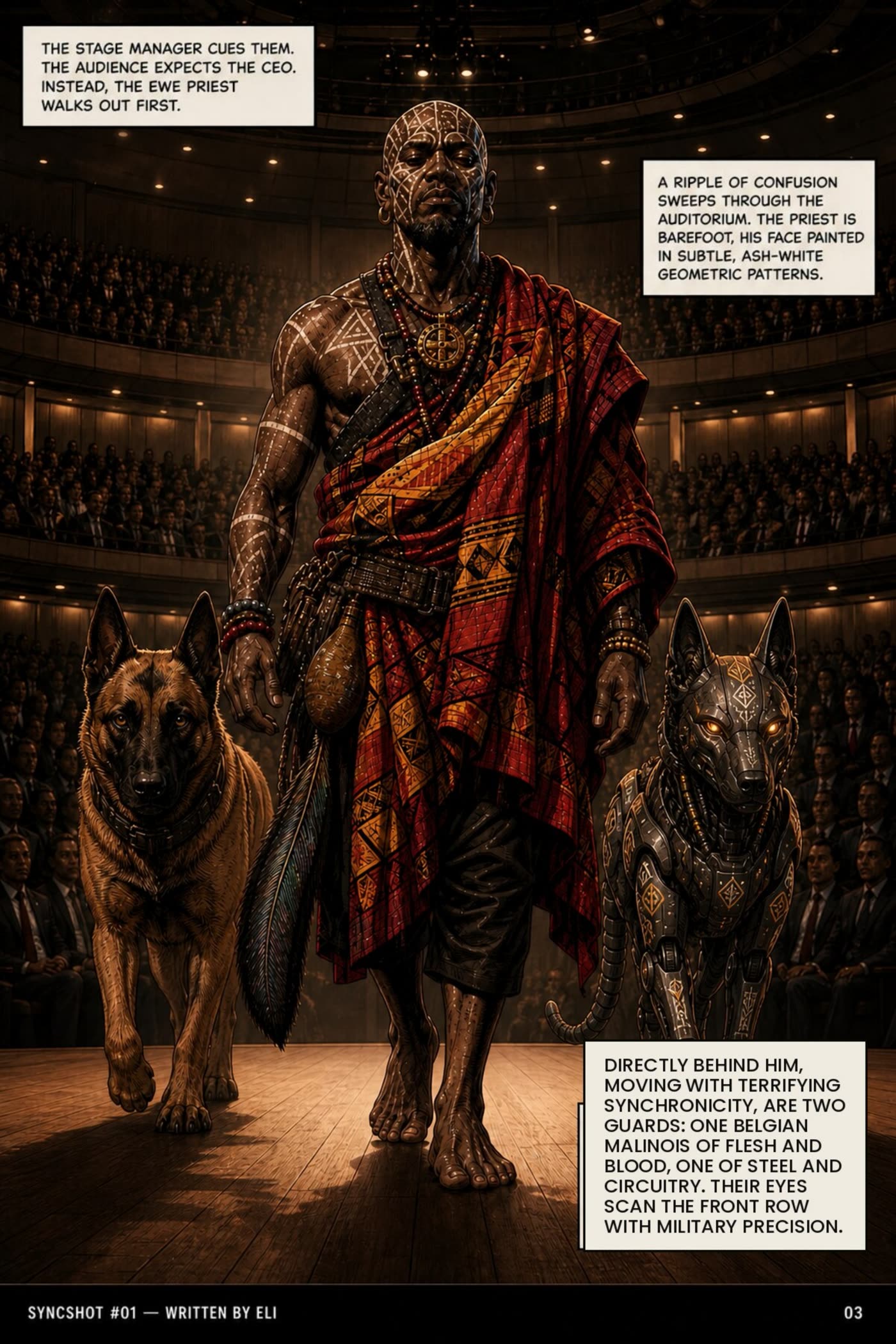 A barefoot Ewe priest walks on stage first, flanked by a Belgian Malinois and a robotic dog