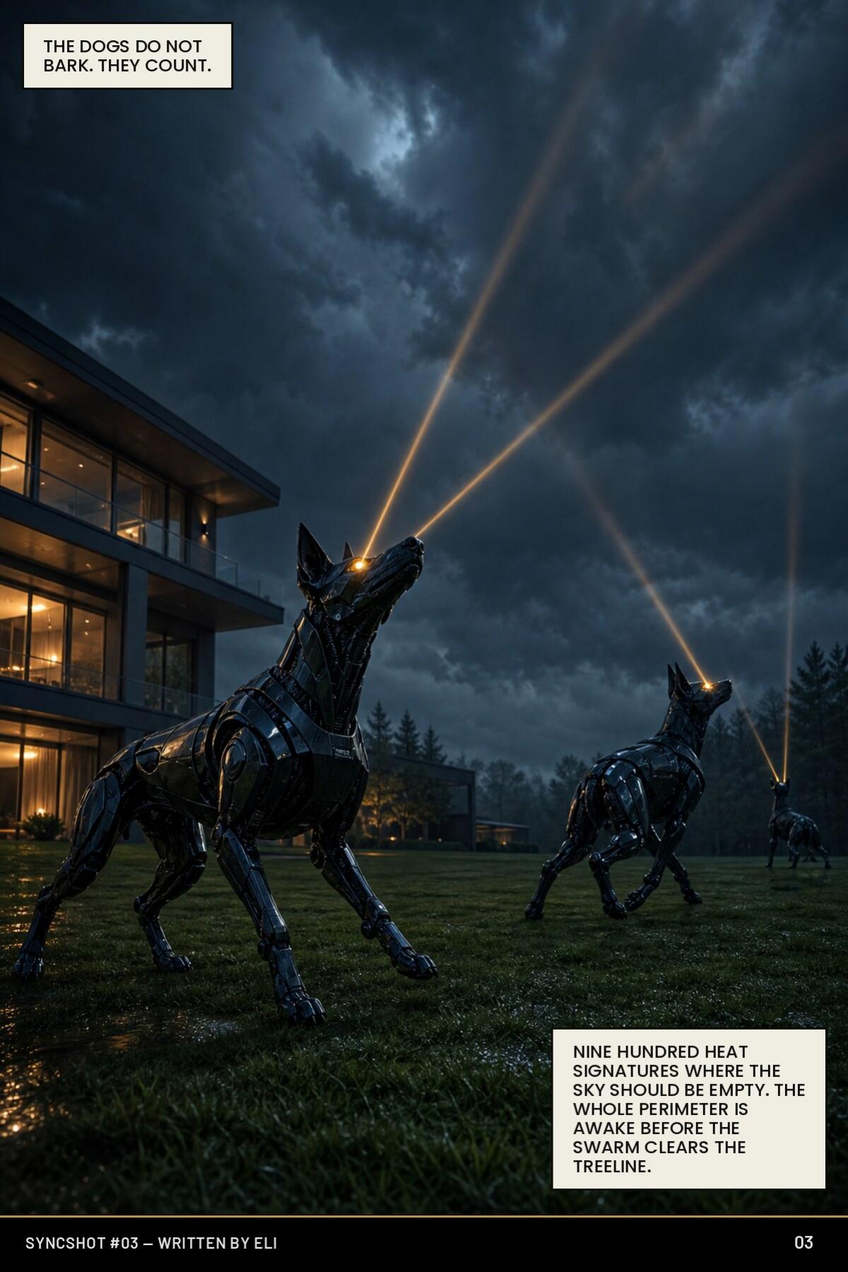 Robotic dogs on a lawn casting scanning beams into a stormy sky