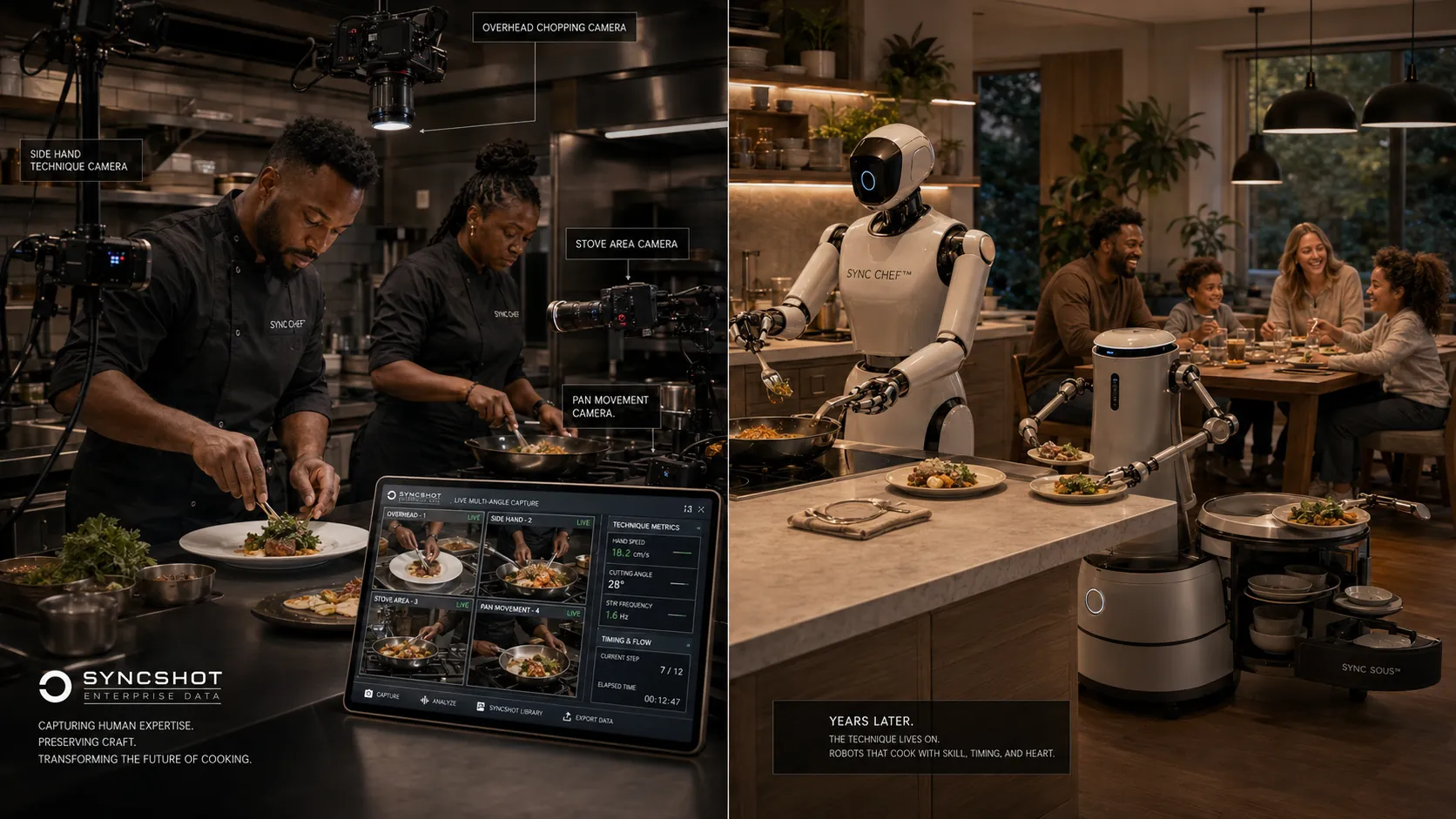 SyncShot Enterprise Data — chefs captured from multiple camera angles in a kitchen, and years later a robot chef serving a family dinner