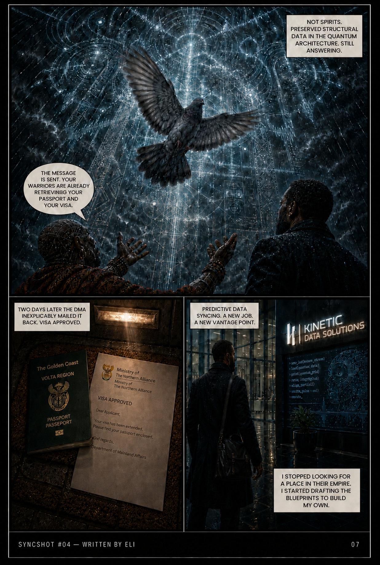 A pigeon released into a vast lattice of light, then a returned passport with an approved visa, then Eli outside Kinetic Data Solutions