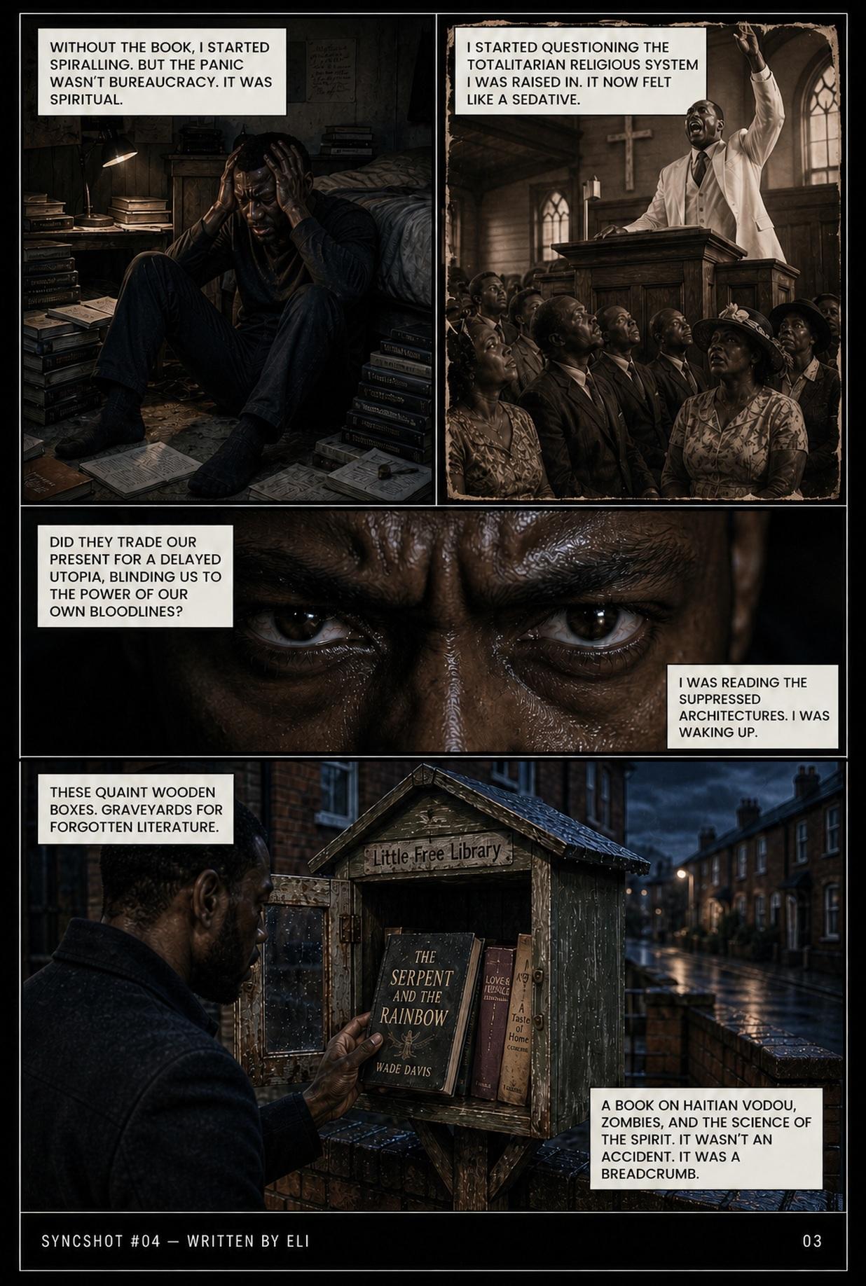 A man spiralling among stacked books, a sepia church congregation, an extreme close-up of his eyes, and a Little Free Library holding The Serpent and the Rainbow