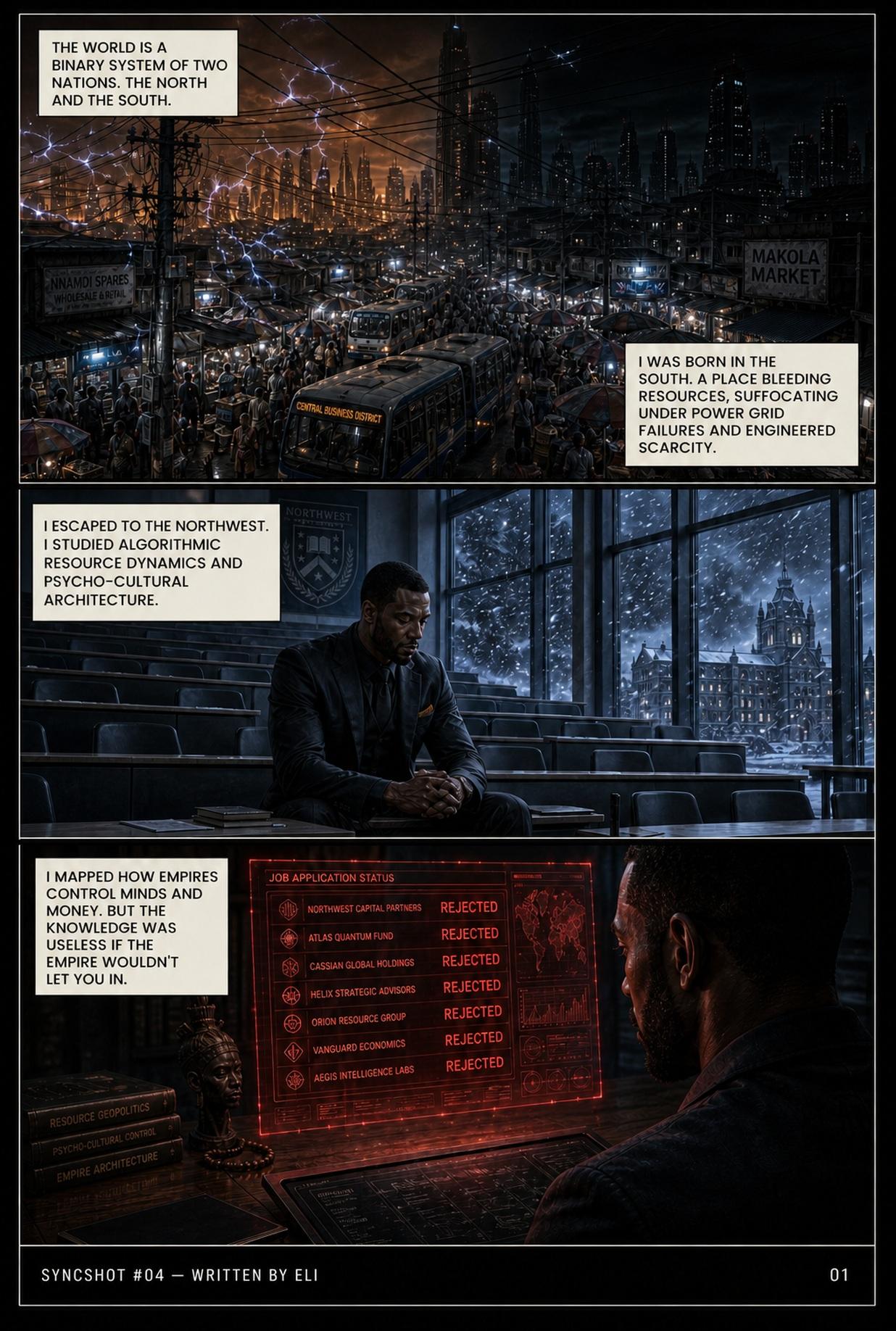 A crowded Makola Market under a storm-lit skyline, then an empty snowbound lecture hall, then a wall of rejected job applications