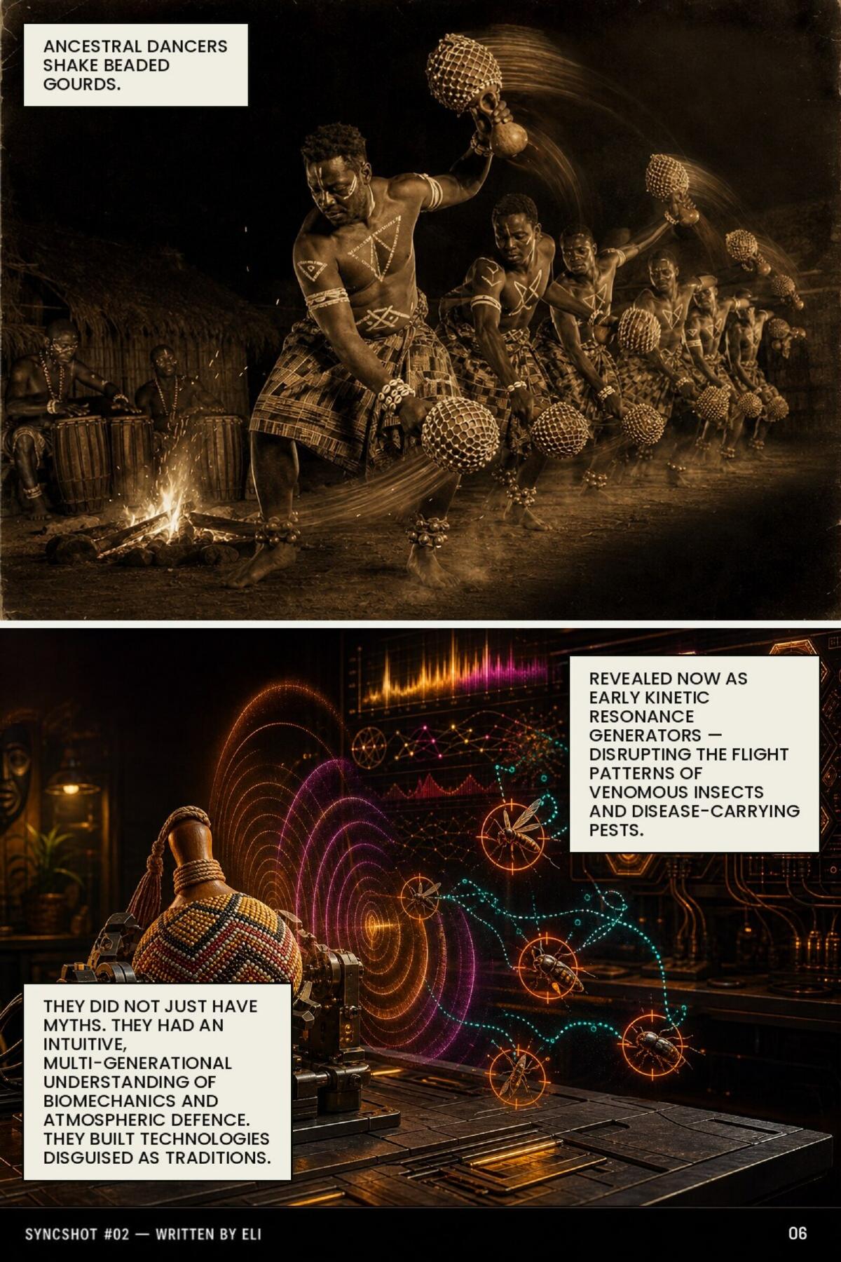 Ancestral dancers shake beaded gourds, revealed as early kinetic resonance generators