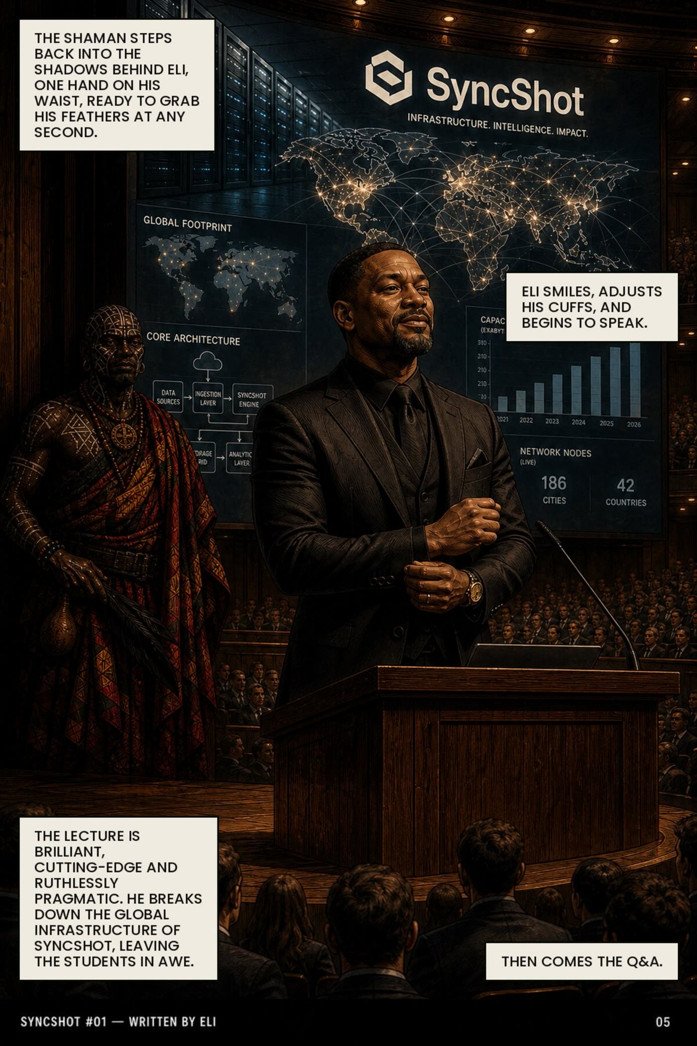 Eli presents SyncShot's global infrastructure while the shaman waits in the shadows