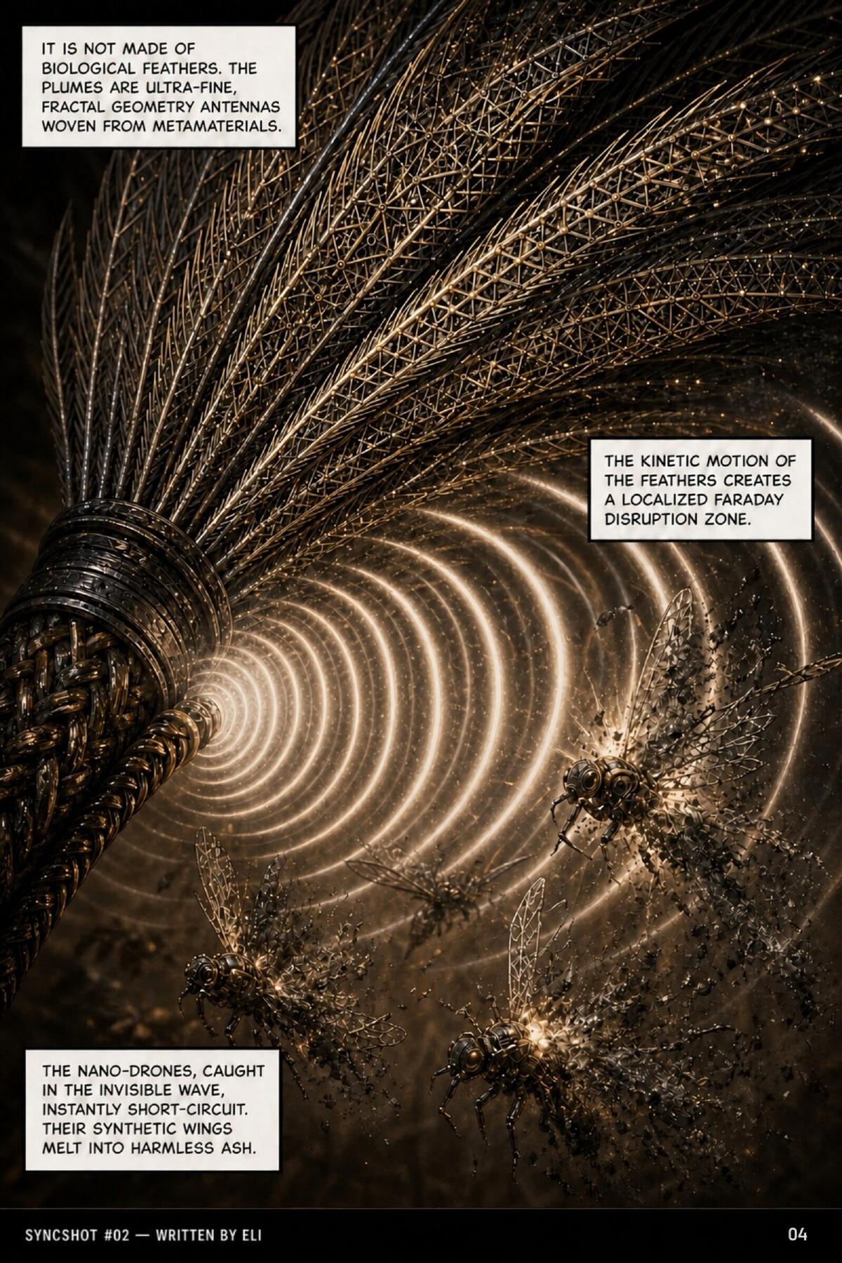 Close-up of fractal metamaterial antenna plumes creating a Faraday disruption zone that fries nano-drones