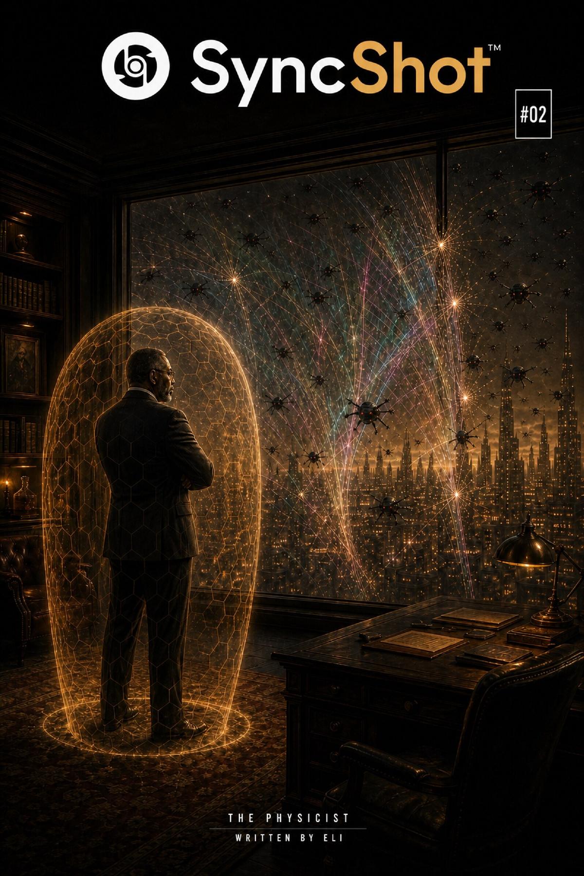 Cover of SyncShot Comics #02, The Physicist: a man stands inside a golden hexagonal shield as nano-drones swarm the window of a Neo-Accra study