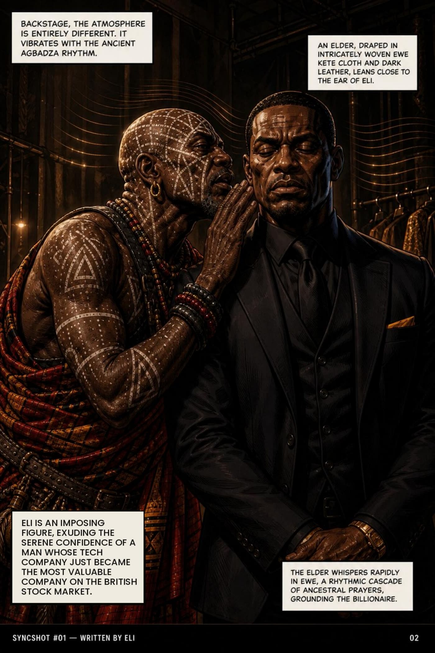 Backstage, an elder in Ewe kete cloth whispers into Eli's ear