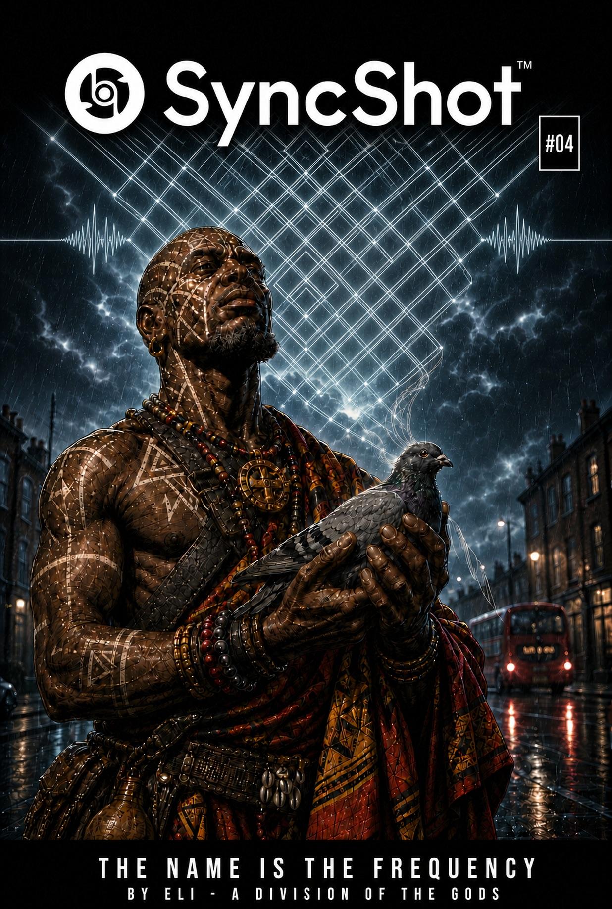 Cover of SyncShot Comics #04, The Name is the Frequency: a tattooed Togbui holds a pigeon on a rain-slick London street beneath a lattice of light