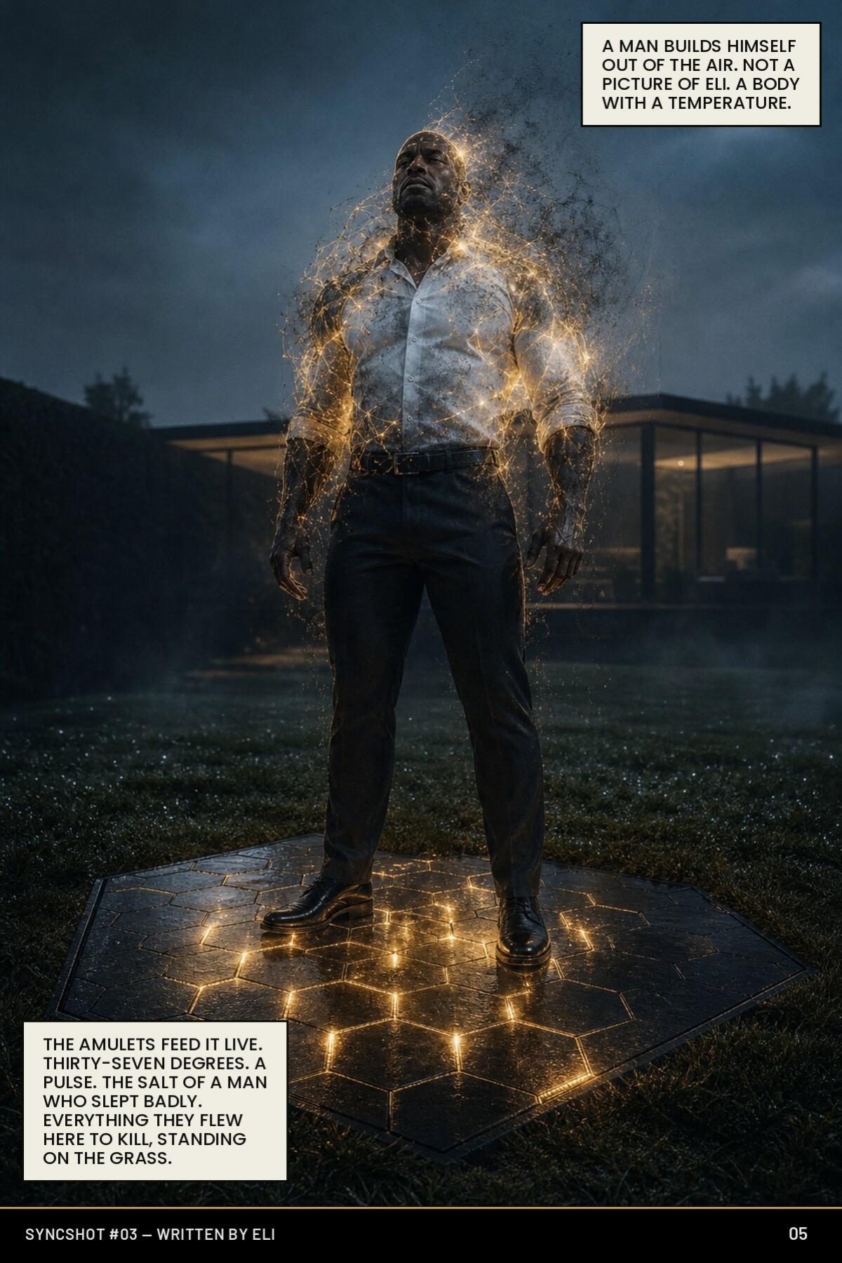 A luminous decoy of Eli assembling itself out of golden particles above the hexagonal plate