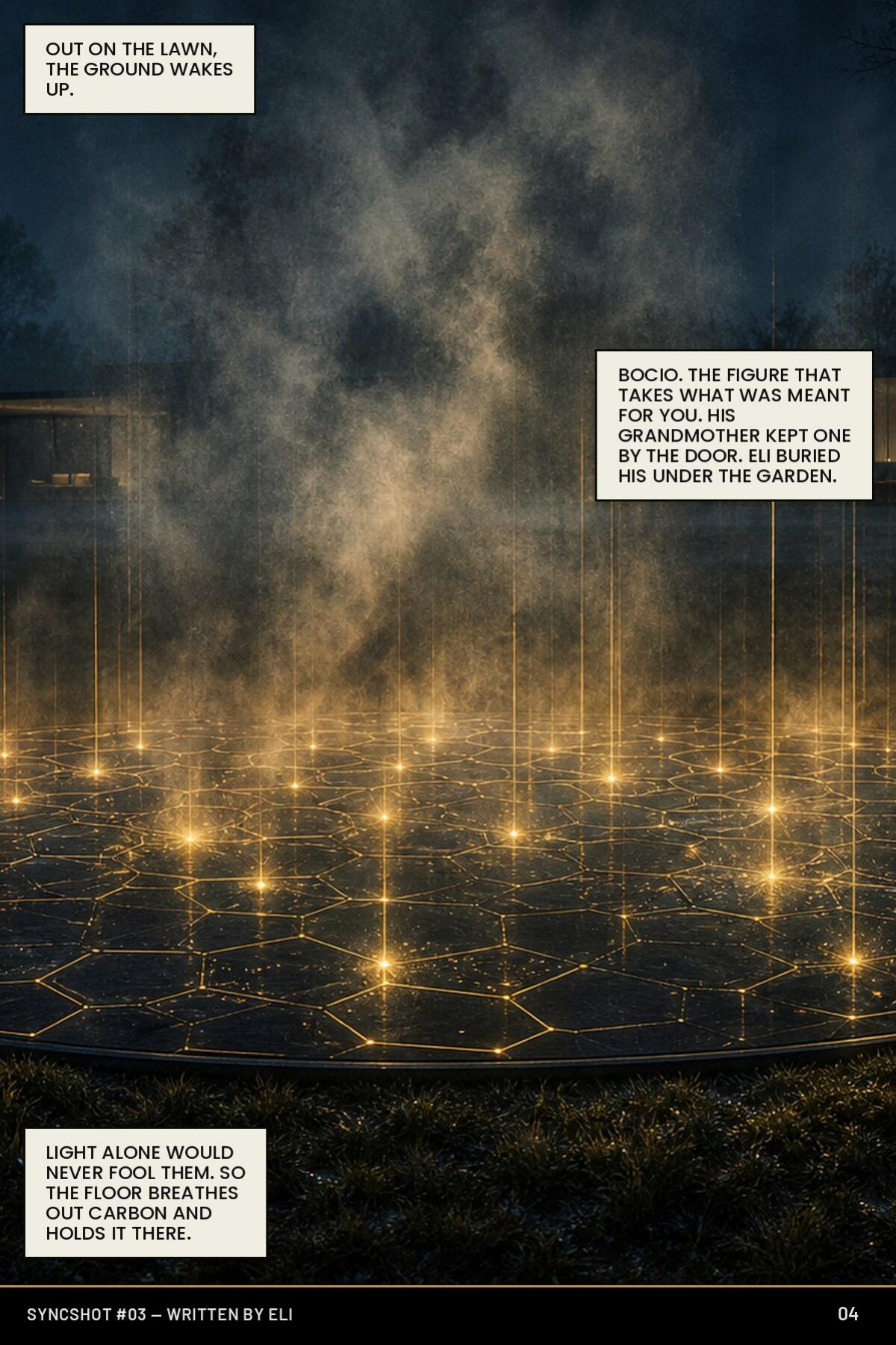 A hexagonal plate in the lawn glowing gold and breathing out a carbon mist