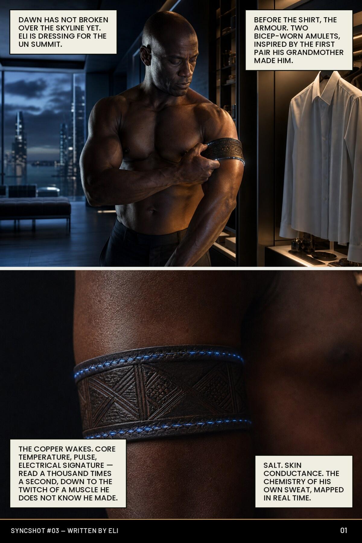 Eli dressing before dawn, fastening an engraved copper amulet around his bicep